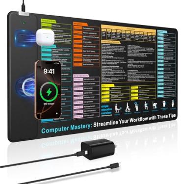 Imagem de Mouse pad de carregamento sem fio com atalhos de fórmulas Excel, 80 cm x 40 cm extra grande folha de cálculo para escritório, tapete de mesa, superfície ultra suave à prova d'água, base antiderrapante