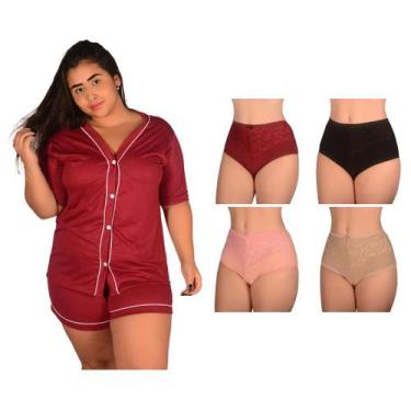 Imagem de Kit 4 Calcinha PLUS SIZE Algodão Renda +1 Pijama Americano Curto Botão