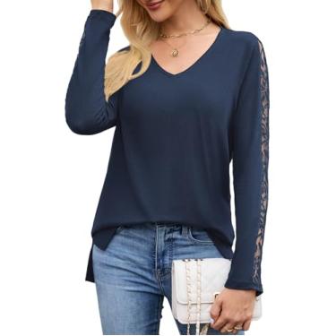 Imagem de Blusas casuais de outono para mulheres, blusas elegantes de renda, manga comprida, gola V, divisão lateral, macia, confortável, azul marinho, GG