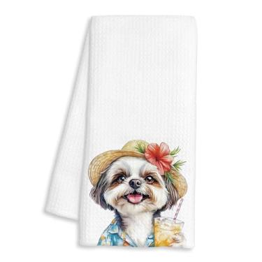 Imagem de BAYOGITA Toalhas de cozinha para cães Shih Tzu de verão decorativas, havaianas tropicais usam toalhas de chá de prato Shih Tzu para secagem de cozinha, toalhas de mão de cachorro de cachorro de verão