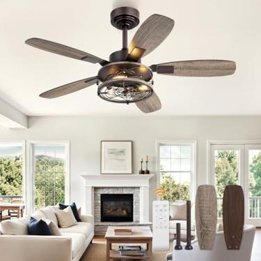 Imagem de Ventilador de teto de fazenda de 106 cm com luz e controle remoto, ventiladores de teto industriais de bronze de óleo com motor reversível de 6 velocidades e acabamento duplo, 5 lâminas, ventilador de