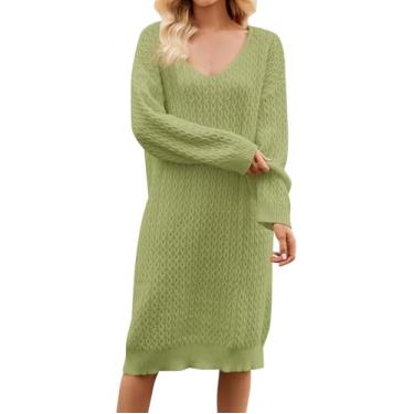 Imagem de Mulheres Vestido De Lã Manga Longa Decote Em V Outono Inverno Vestido Jumper Preto Branco Ajuste Largo Casual Midi Longo Vestido Pulôver Vestido De Inverno Para Mulheres, Green, XXL