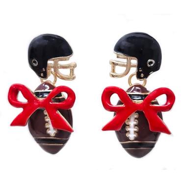 Imagem de Emulily Brincos de pino de capacete de futebol americano e fita de capacete esportivo universitário líder de torcida (vermelho/preto)