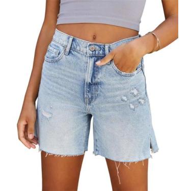 Imagem de Shorts jeans Onlypuff femininos azuis de cintura alta, rasgados