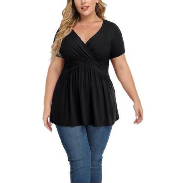 Imagem de Blusa feminina TIANZHU plus size preta de manga curta com decote em V