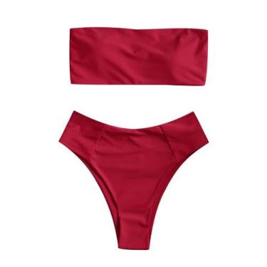 Imagem de Conjunto de biquíni ZAFUL feminino de corte alto sem alças, vermelho, 