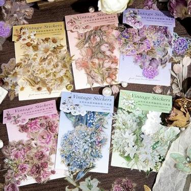 Imagem de Kit de adesivos de scrapbook de flores coloridas vintage PET transparente à prova d'água conjunto de 120 peças para lixo, diário, garrafas de água, telefone, laptop, decalques para adolescentes