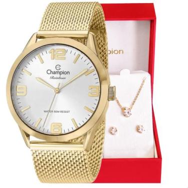 Imagem de Relógio Champion Feminino Dourado Prova DAgua + Kit de Brincos e Colar