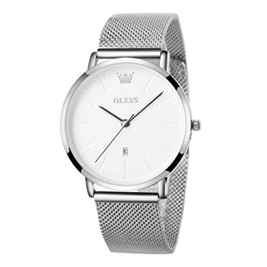Imagem de OLEVS Relógio masculino ultrafino, minimalista, de malha prateada, aço inoxidável, vestido simples, à prova d'água, analógico, quartzo, relógio de pulso masculino, Prata 5003, round, relógio social