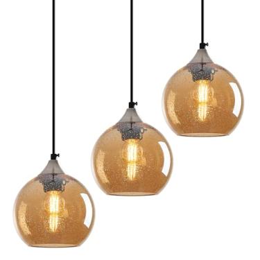 Imagem de LBSQJ Luzes pendentes de vidro âmbar para cozinha ilha globo luminária pendente moderna para quarto sala de jantar luminária (15 cm, 3 unidades)