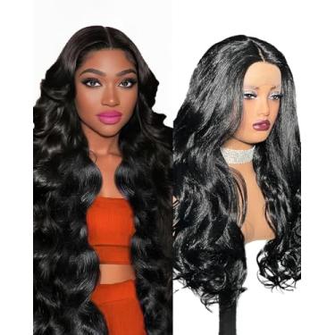 Imagem de Peruca frontal ondulada 33 x 10 cm peruca sintética preta pré-arrancada densidade 180% HD peruca frontal de renda transparente para mulheres 76 cm sem cola com cabelo de bebê uso diário peruca