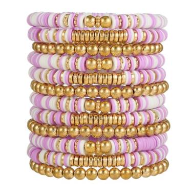 Imagem de HYHONEY Pulseiras de amizade com contas Heishi pulseiras fofas pulseiras de vinil argila disco contas surfista elástico verão praia pulseiras para mulheres, One Size, Pedra, argila