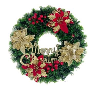 Imagem de Guirlanda de Natal de 38 cm com flores vermelhas e douradas, frutas vermelhas e placa de "Feliz Natal" – decoração festiva de férias verde