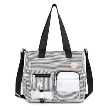 Imagem de Phaoullzon Bolsa tiracolo fofa para adolescentes Kawaii, bolsa carteiro de nylon, Listras pretas, Medium, Médio