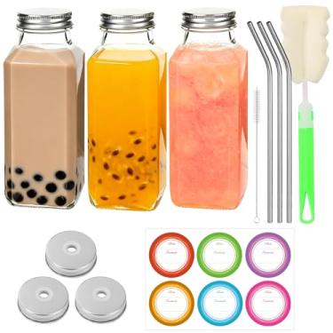 Imagem de BIGIVACA Garrafas de vidro de 350 ml com tampas e canudos – Pacote com 3 garrafas de vidro para sucos – Frascos reutilizáveis para vitaminas, viagens, armazenamento