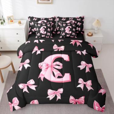 Imagem de Erosebridal Conjunto de edredom com laço rosa com letra C, solteiro, 7 peças, alfabeto personalizado, para crianças e adultos, conjunto de cama com nó de borboleta e monograma preto e rosa