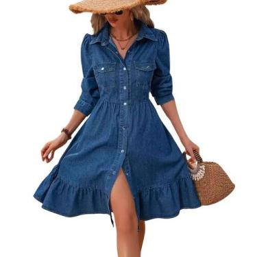 Imagem de Vestido jeans utcoco feminino 2024 de lapela de manga comprida