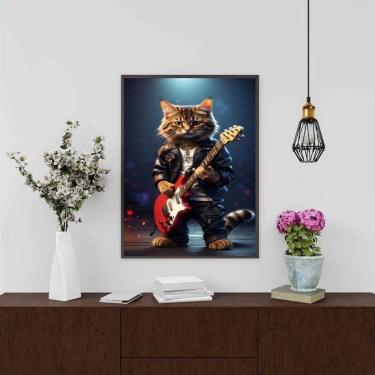 Imagem de Quadro Gatinho Roqueiro - Guitarra 33X24Cm - Com Vidro