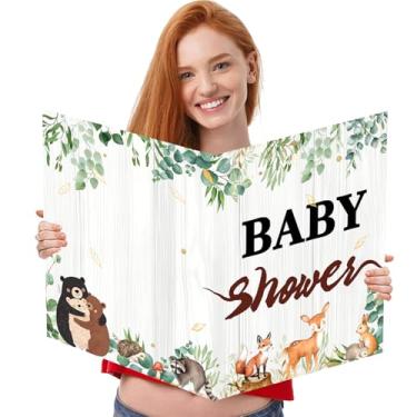 Imagem de Cartão grande de chá de bebê com envelope – Cartão gigante de animais da floresta verde sálvia gigante de 55 x 35 cm – Livro de visitas jumbo de papel com capa "chá de bebê" e "Oh baby" dentro