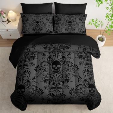 Imagem de Tuzaovy Jogo de edredom de caveira preta com 7 peças, cama king size em uma bolsa, decoração de quarto, edredom ocidental macio, boêmio, hippie, lençol de cima, fronhas e fronhas