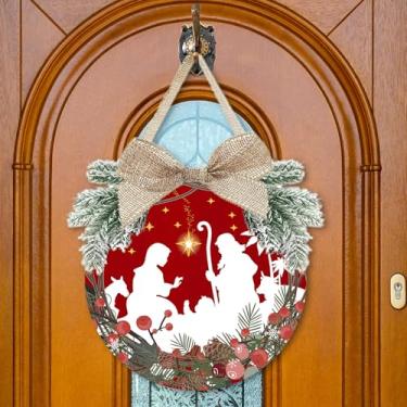 Imagem de Marsui Decorações de Natal, guirlanda de presépio placa de pendurar de Natal rústica de serapilheira de madeira para porta da frente, placa de porta da frente para Natal, parede de casa, decoração de