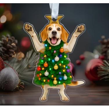Imagem de KoKi93Art Enfeite de acrílico para cães Beagle de Natal - enfeites de árvore de Natal para cães fofos - Decoração divertida - Pendurado em árvore de Natal