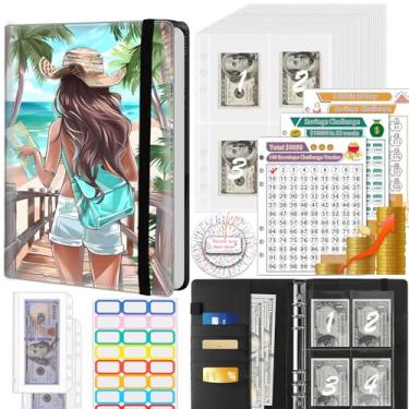 Imagem de Fichário para economizar dinheiro, 100 envelopes, desafio de economia de dinheiro, fichário de orçamento e 3 rastreadores de orçamento, livro de couro PU A5 para economizar dinheiro, garota de viagem