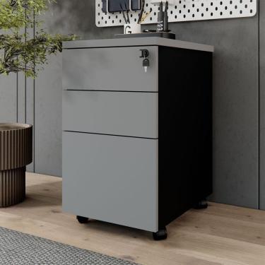 Imagem de Gaveteiro Móvel Escritório 3 Gavetas e Chave com Rodízios e Puxadores Metálicos Corporate Cinza Sagrado/Preto