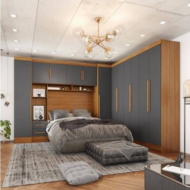 Imagem de Guarda-roupa Modulado Casal Completo 4 Peças 8 Portas 5 Gavetas com Maleiro Smart Plus Cinamomo/Cinza