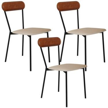 Imagem de Kit 03 Cadeiras Estofada Para Sala de Jantar Liora Preto C01 Linho Areia Courino Caramelo - Lyam Decor