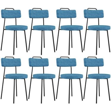Imagem de Kit 08 Cadeiras Decorativa Estofada Para Sala De Jantar Barcelona L02 Linho Azul - Lyam Decor