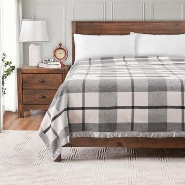 Imagem de Creswick Wool Cobertor 100% lã merino australiana len Mills – macio, quente e natural com encadernação de cetim, roupa de cama luxuosa respirável para todas as estações, (xadrez cinza, tamanho casal