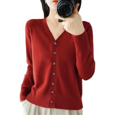 Imagem de Suéteres De Caxemira Cardigan Feminino De Malha Bottoming Camisa Cor Sólida Decote Em V Outwear, Black, L