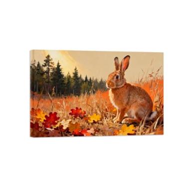 Imagem de Quadro parede outono-Coelho árvore pastagem Impressões em tela paisagens-Pintura animais para decoração sala estar 20x30cm Tela Embrulhada
