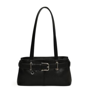 Imagem de JYG Bolsa de ombro feminina vintage Y2K Hobo com fivela de cinto pequena bolsa de mão de couro PU nas axilas, Preto