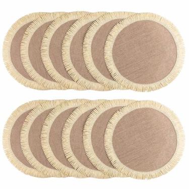 Imagem de FunWheat Jogo americano redondo de juta de 38 cm, conjunto de 12 tapetes de mesa trançados de serapilheira para mesa de jantar, jogo americano de tecido de fazenda resistente ao calor para decoração