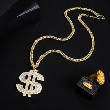 Imagem de Colar masculino com pingente hip hop banhado a ouro 18 quilates com símbolo de dólar, 29.5inches, Liga de aço, Sem Pedra Preciosa