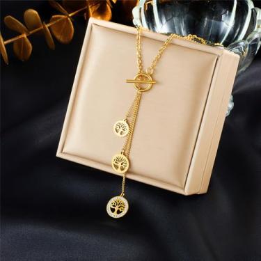 Imagem de Colar feminino banhado a ouro 14 K – Pingente de árvore da vida delicada com pingentes, hipoalergênico personalizado, não mancha, presente de aniversário de Natal, joias modernas., 16+4", Aço