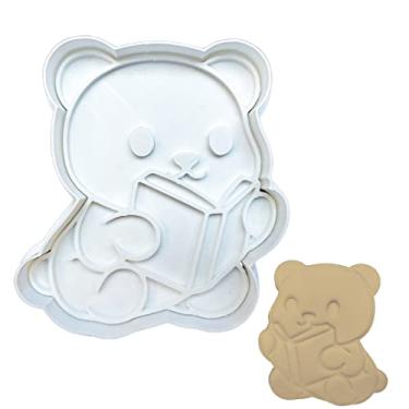 Imagem de Conjunto de cortador de biscoito e carimbo de leitura de ursinho de pelúcia, 8 x 8 cm, ferramenta de cozimento detalhada para fondant cookies, alça ergonômica para guloseimas de festa infantil