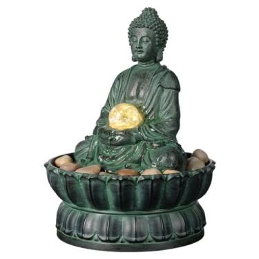 Imagem de Fonte de mesa interna Buda requintada estátua de meditação sentada, fonte de água de mesa, fonte de água decorativa Zen com bola de rolamento de vidro/LED/pedra para escritório/casa/decoração feng