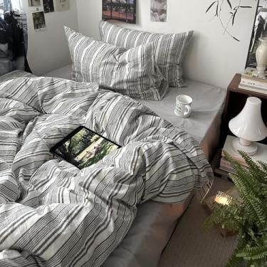 Imagem de VM VOUGEMARKET Conjunto de edredom solteiro listrado cinza e branco, vintage, listras verticais, minimalista, neutro para quarto de adolescentes