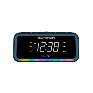 Imagem de Emerson CKS1401 Smartset Am/FM Rádio despertador duplo com visor LED branco de 2,3 cm com controle de regulação de 4 níveis, carregamento USB-C e decoração de LED multicolorido de 2 níveis