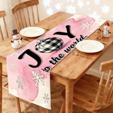 Imagem de Caminho de mesa de Natal 33 x 91 cm - Decoração de mesa de jantar de cozinha de inverno impressa alegria para o mundo com bugigangas xadrez e flocos de neve em aquarela rosa corredor para decoração de