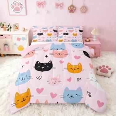 Imagem de Feelyou Conjunto de edredom com estampa de gatos rosa para todas as estações, com 1 fronha, de microfibra, gatinho, fofo, para decoração de quarto, edredom respirável, macio e leve