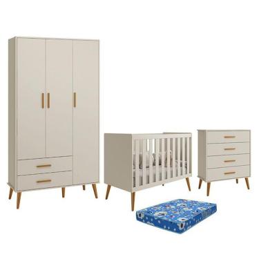 Imagem de Dormitório Infantil Isis Guarda Roupa 3 Portas, Cômoda E Berço Areia Com Colchão - Reller Móveis Areia