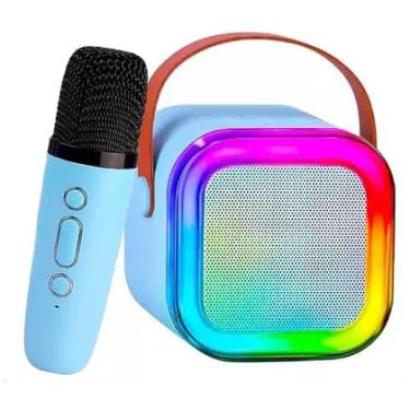Imagem de Mini Caixa de Som Portátil com Microfone Bluetooth, RGB LED, 5W, Bateria 1200mAh, Dimensões 9x9x7cm, Conexão Bluetooth 5.0, Karaokê, com Controle de Volume e Efeitos de Voz (Azul)