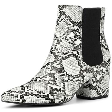 Imagem de Perphy Botas femininas com estampa de cobra, bico fino, salto grosso, cano curto, Preto, branco, 38