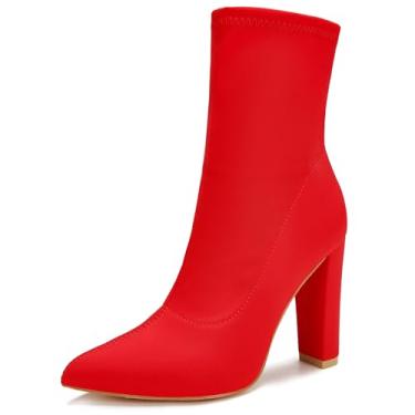 Imagem de sexrosly Bota feminina de salto alto, bico fino, cano médio, cano baixo, salto grosso, elástica, moderna, sexy, para casamento, Vermelho, 38