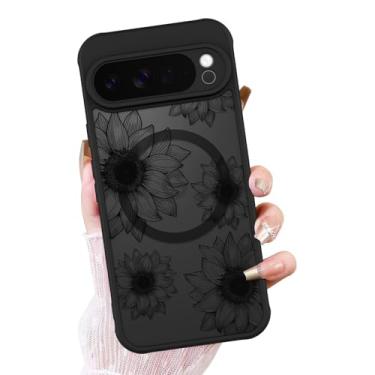 Imagem de OOK Capa preta com design para Google Pixel 10 Pro XL, compatível com MagSafe, lindo design de flores florais de girassol fosco à prova de choque para mulheres meninas capa magnética para telefone