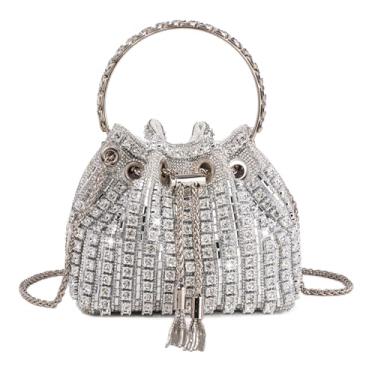 Imagem de Bolsa Hobo feminina com contas prateadas, bolsa clutch para festa de casamento, formatura, Prata completa